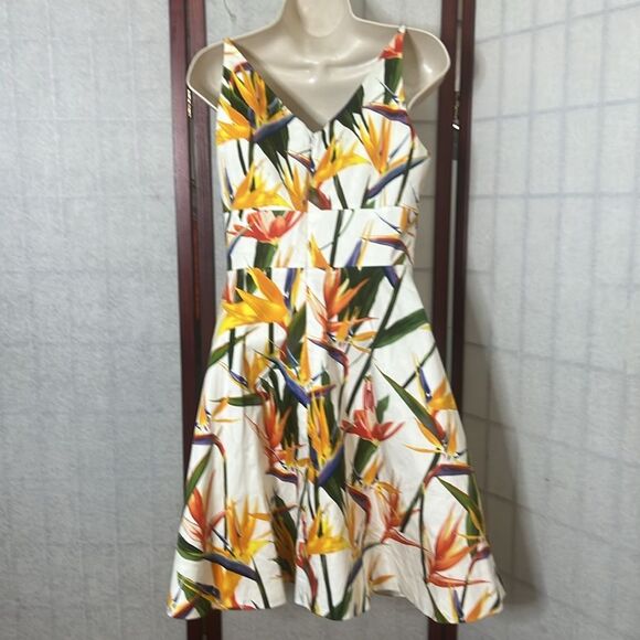 KAREN MILLEN BIRD OF PARADISE PRINT FIT & FLARE  DRESS US 8 UK12 EU40 - Picture 2 of 10